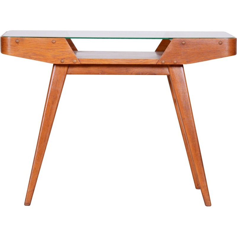 Mid century side table in oakwood and glass by František Jirák for Tatra Nábytok, 1950s