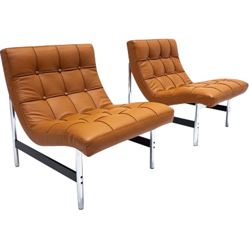 Pair of mid-century Italian armchairs in cognac leather, 1970s