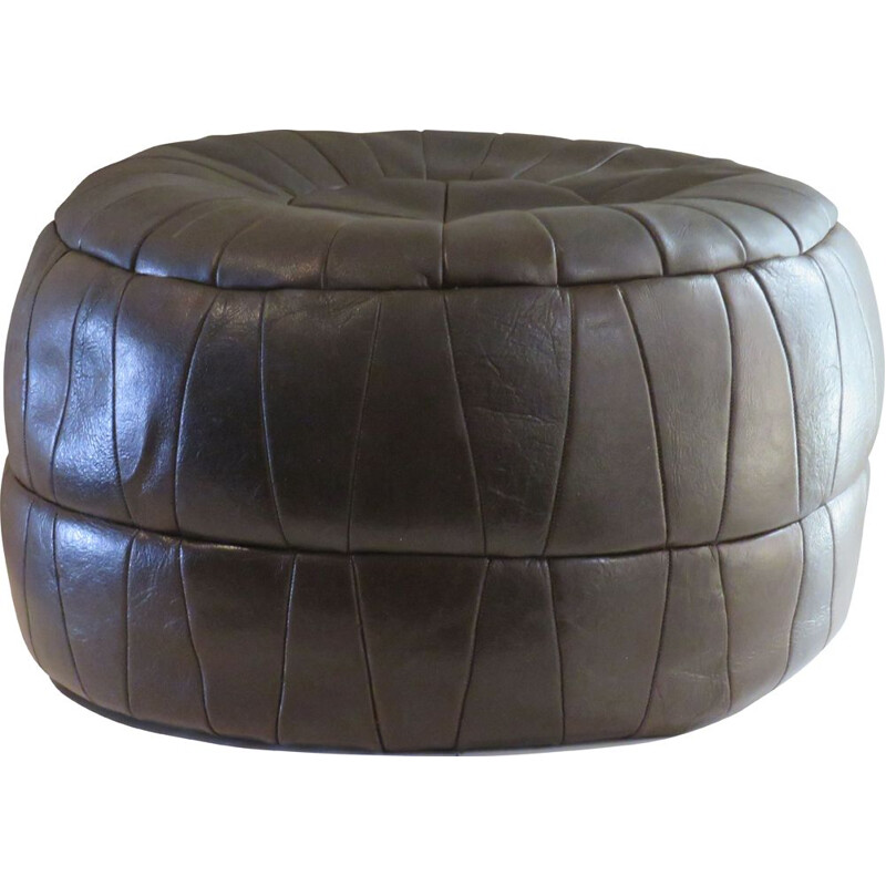 Pouf vintage en cuir patchwork marron foncé, Belgique 1970