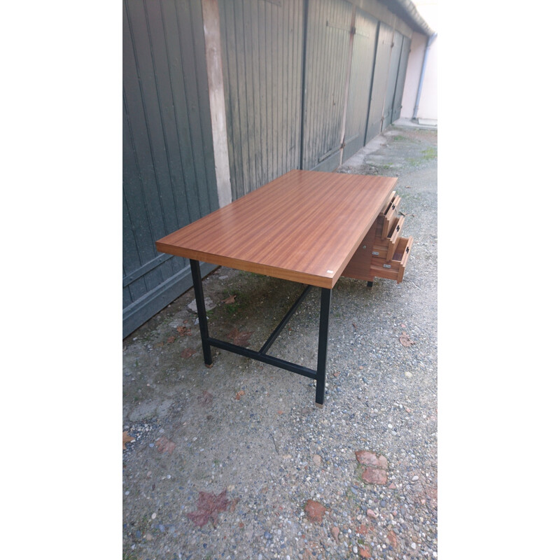 Desk in metal and mahogany, Pierre GUARICHE - 1955