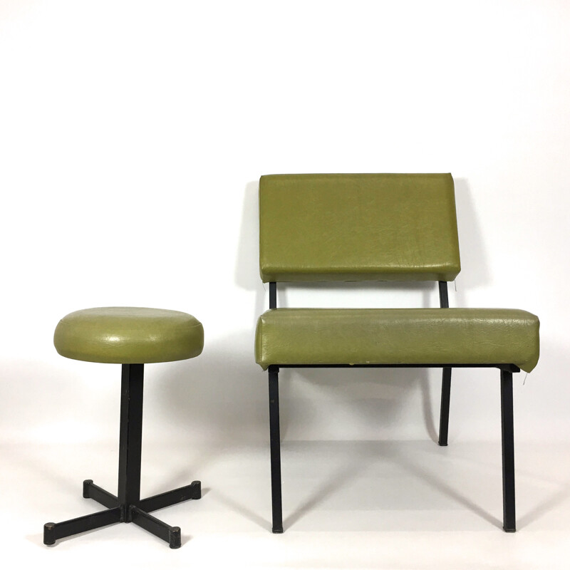 Low chair and its stool in metal and green leatherette - 1960