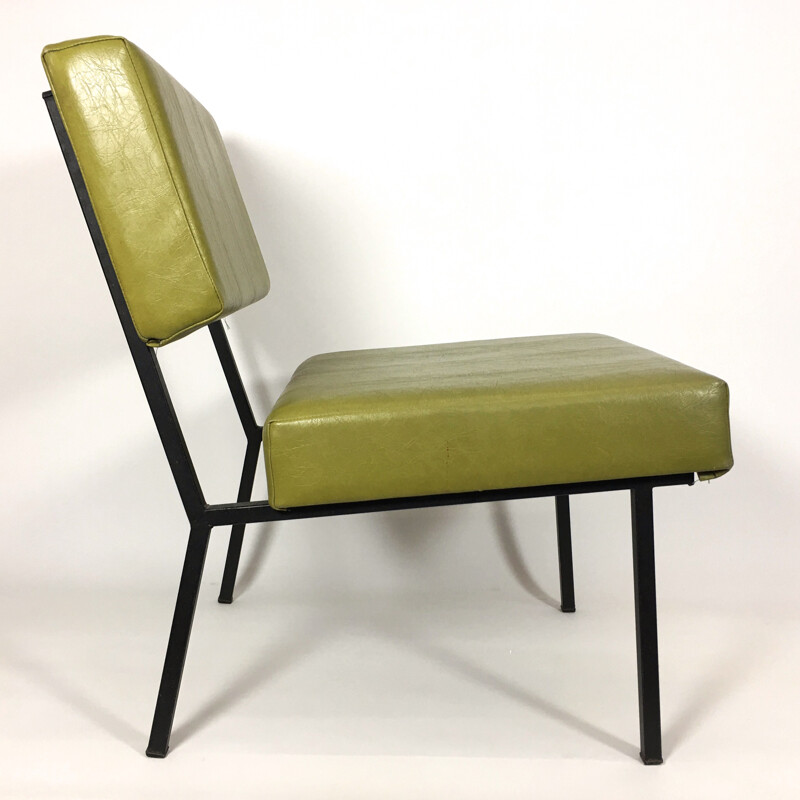 Low chair and its stool in metal and green leatherette - 1960