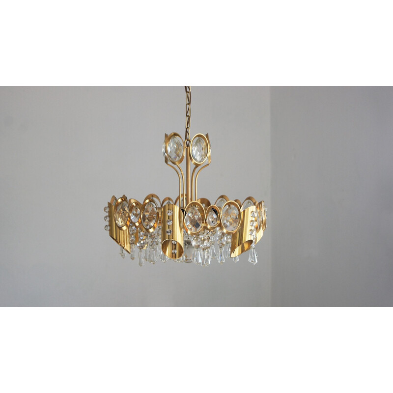 Vintage Hollywood Regency brass & crystal glass pendant lamp by Palwa