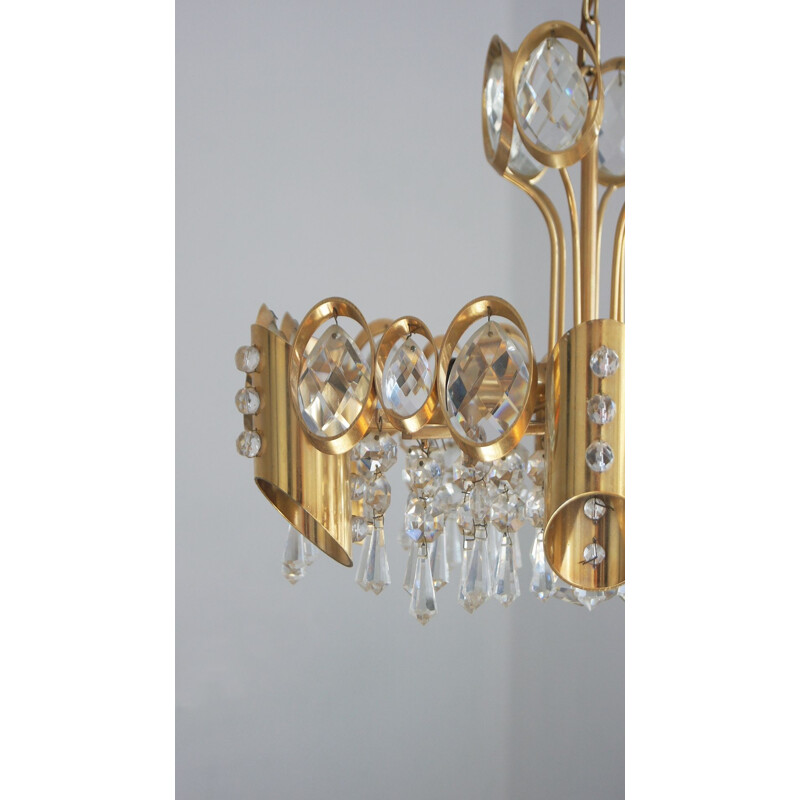 Vintage Hollywood Regency brass & crystal glass pendant lamp by Palwa