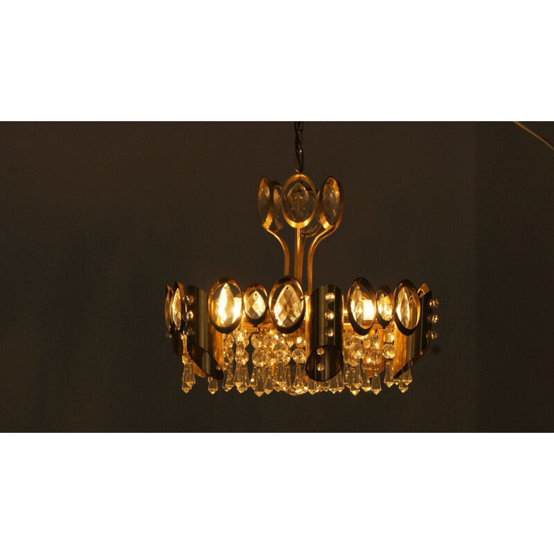 Vintage Hollywood Regency brass & crystal glass pendant lamp by Palwa