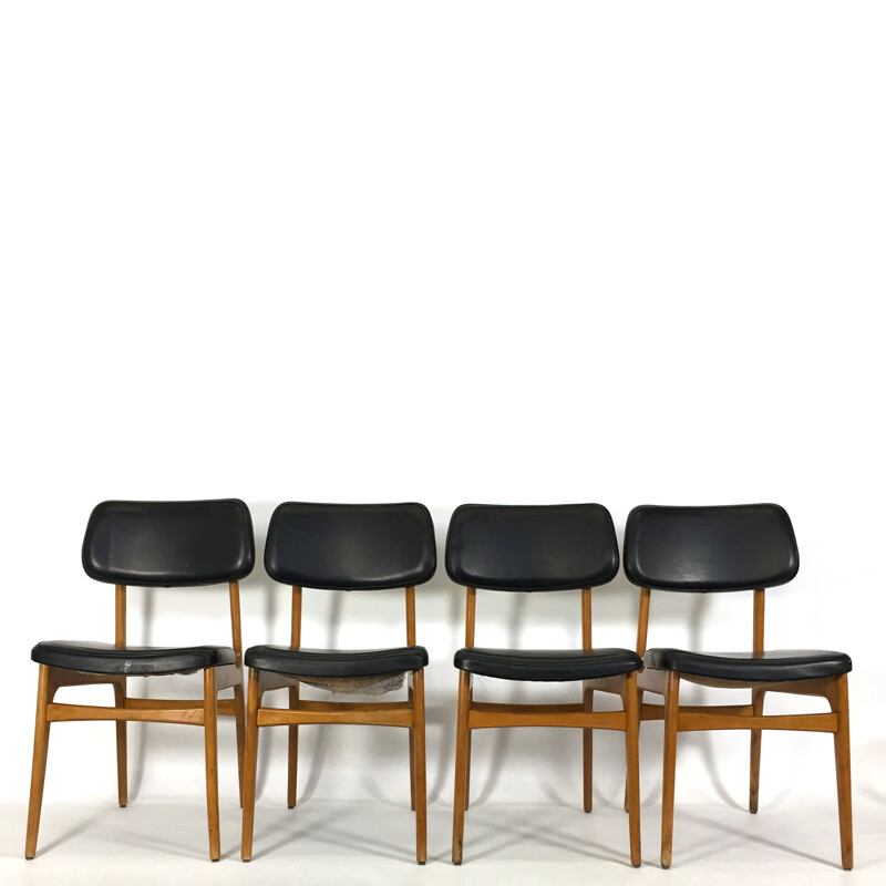 Set of 4 Scandinavian chairs in leatherette and wood - 1960s