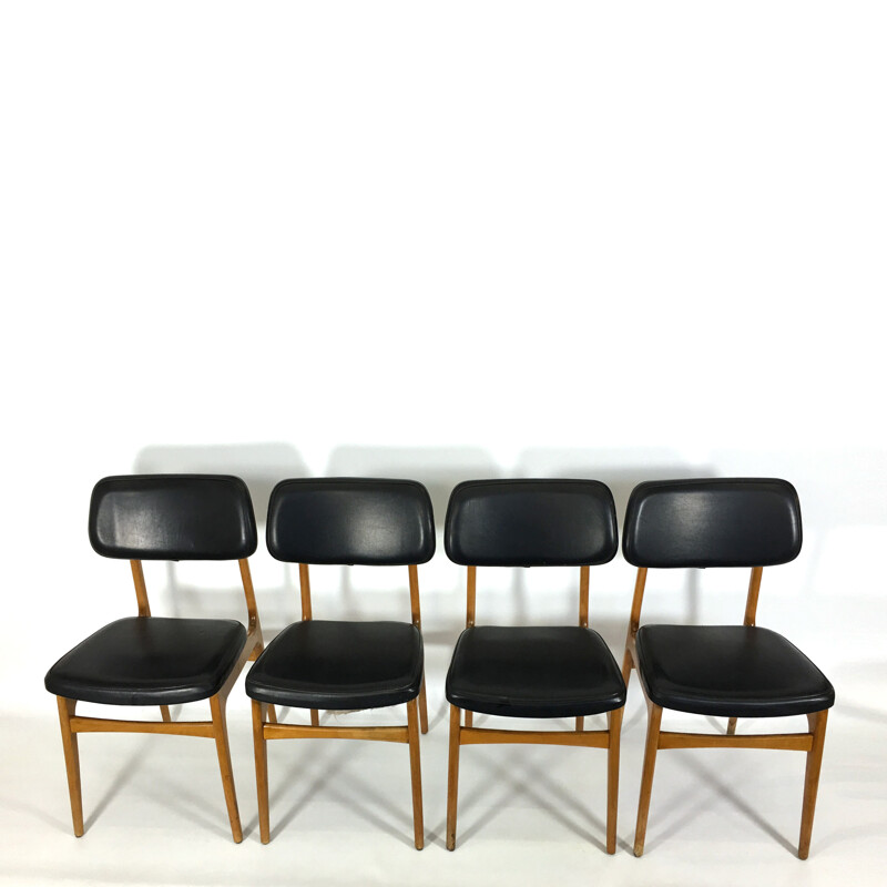 Set of 4 Scandinavian chairs in leatherette and wood - 1960s