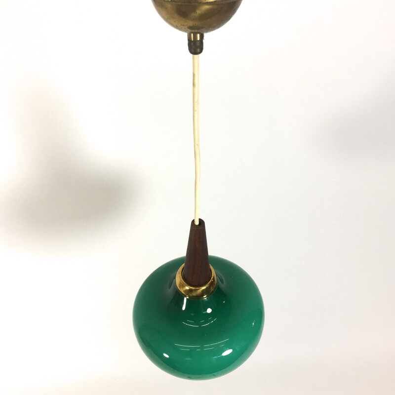 Green pendant lamp in glass and teak - 1970s