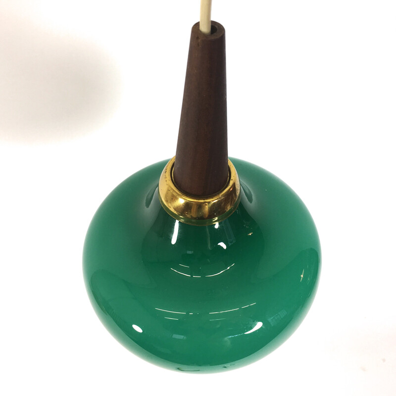 Green pendant lamp in glass and teak - 1970s