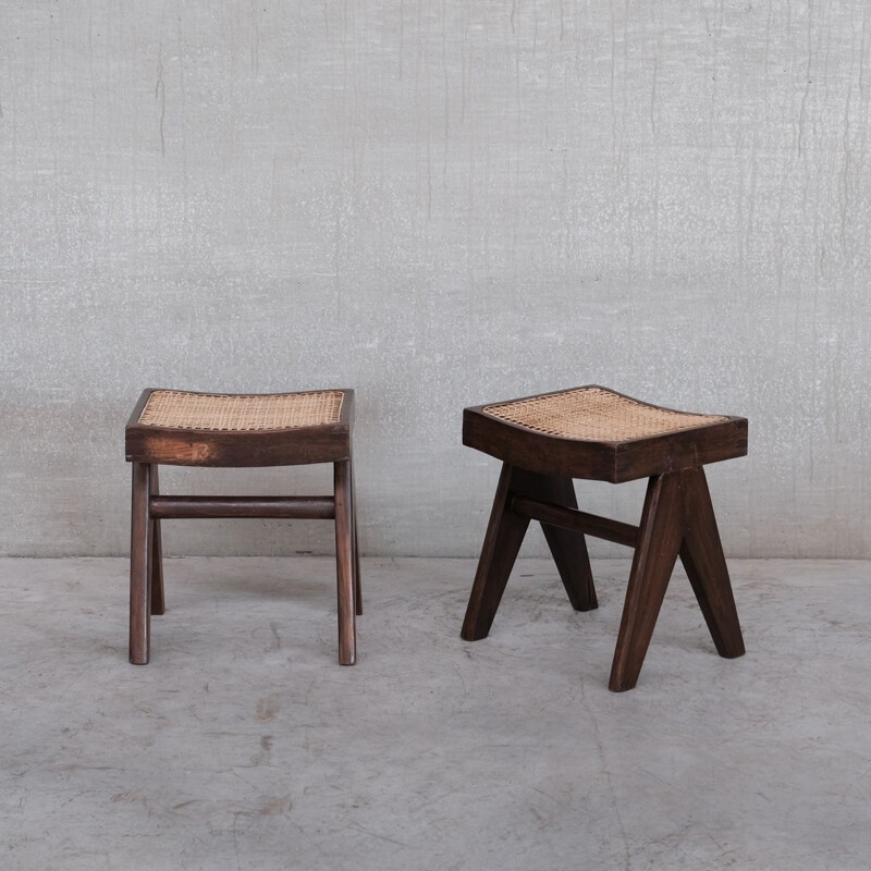 Pair of vintage teak stools "Pj-Si-34-A" by Pierre Jeanneret, India 1960