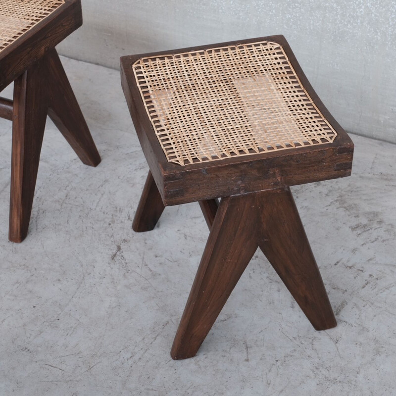 Pair of vintage teak stools "Pj-Si-34-A" by Pierre Jeanneret, India 1960