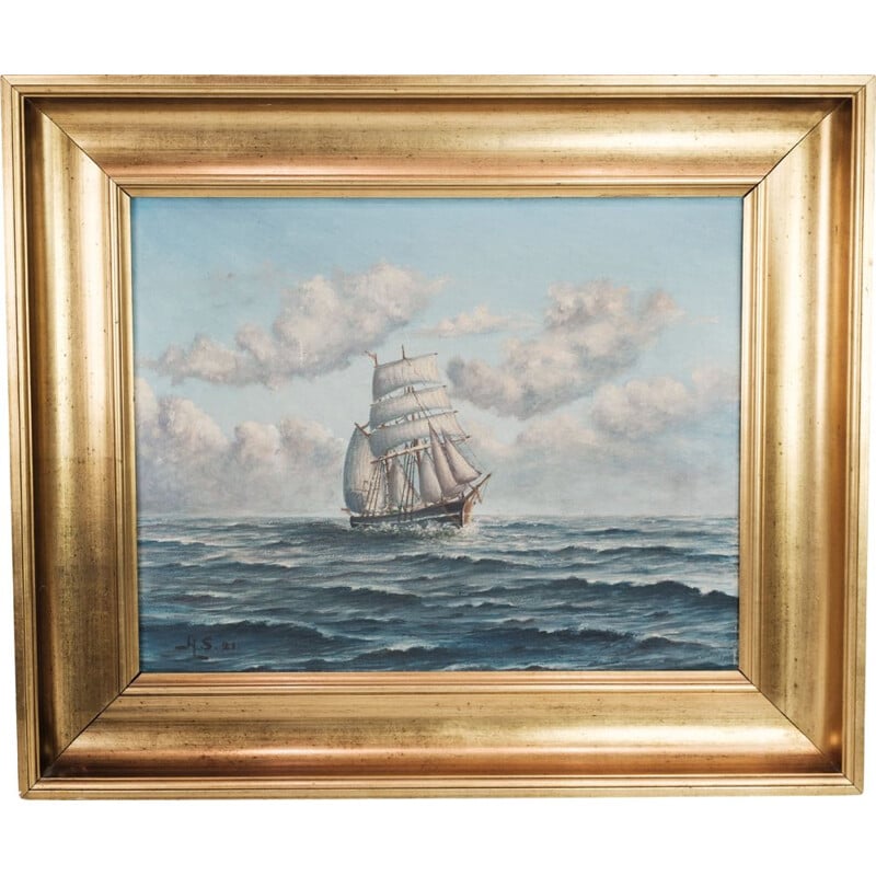 Peinture vintage marine de mer avec cadre doré, 1920