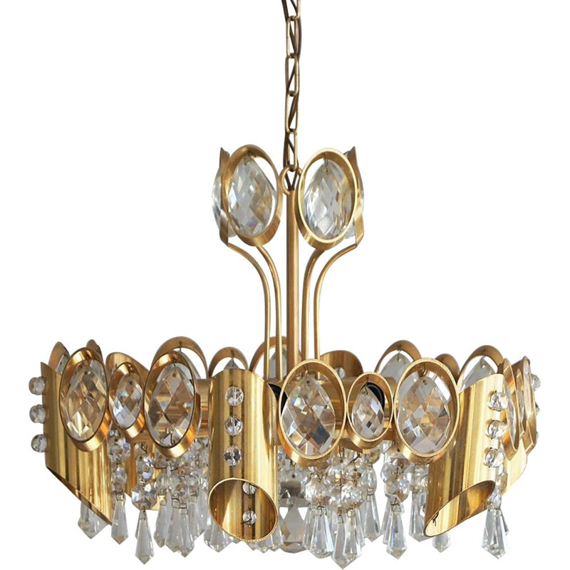 Vintage Hollywood Regency brass & crystal glass pendant lamp by Palwa
