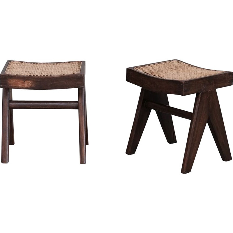 Pair of vintage teak stools "Pj-Si-34-A" by Pierre Jeanneret, India 1960