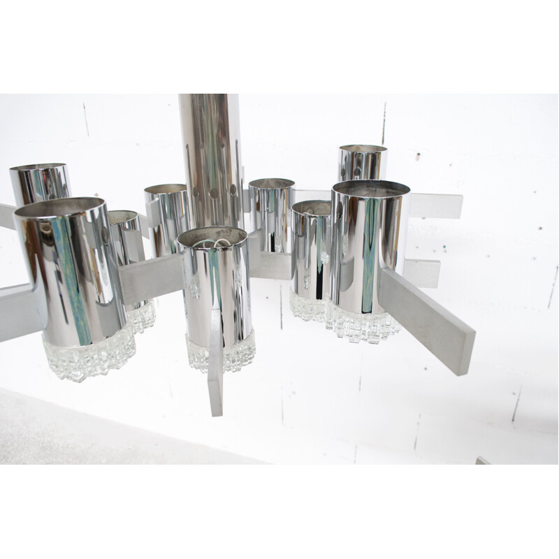 Pair of vintage chrome steel chandeliers by Gaetano Sciolari, 1970