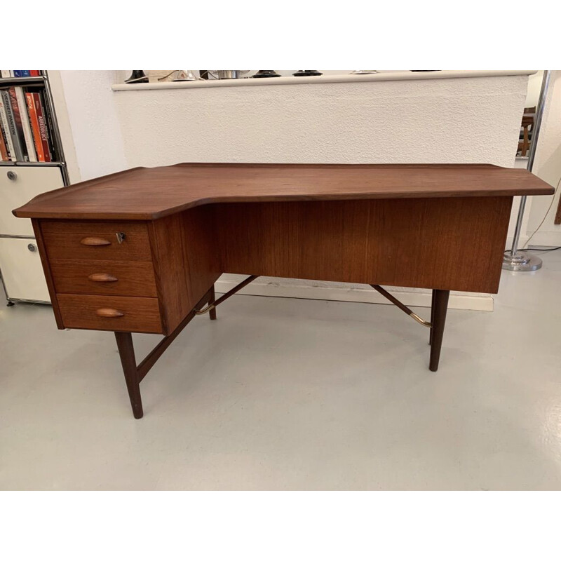 Vintage teak boomerang desk with brass feet by Peter Lovig Nielsen for Hedensted Mobelfabrik, Denmark 1968