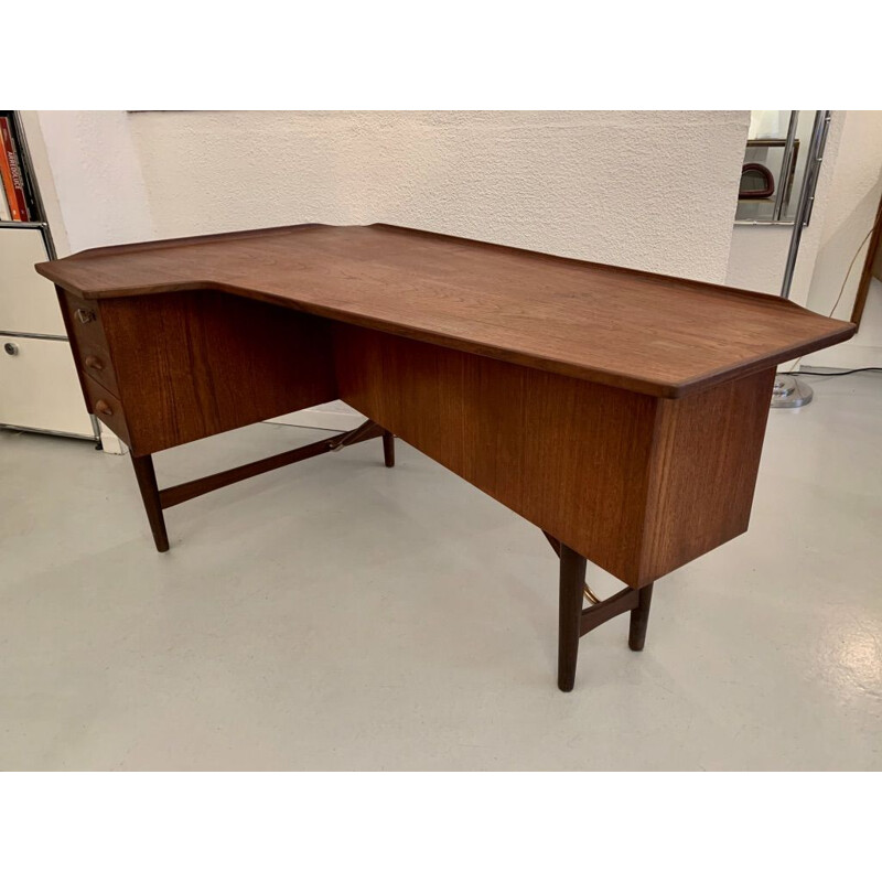 Vintage teak boomerang desk with brass feet by Peter Lovig Nielsen for Hedensted Mobelfabrik, Denmark 1968