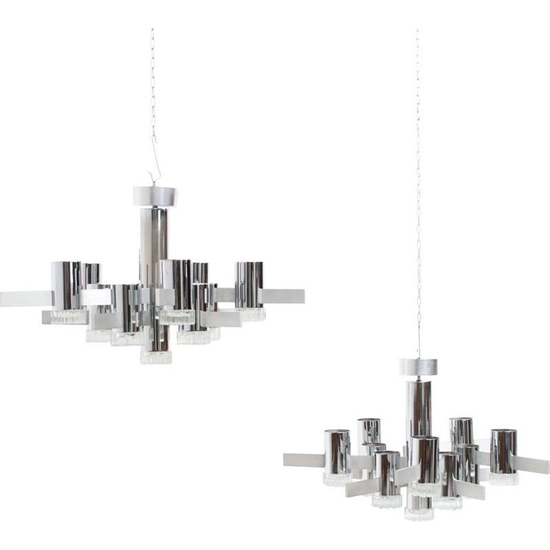 Pair of vintage chrome steel chandeliers by Gaetano Sciolari, 1970