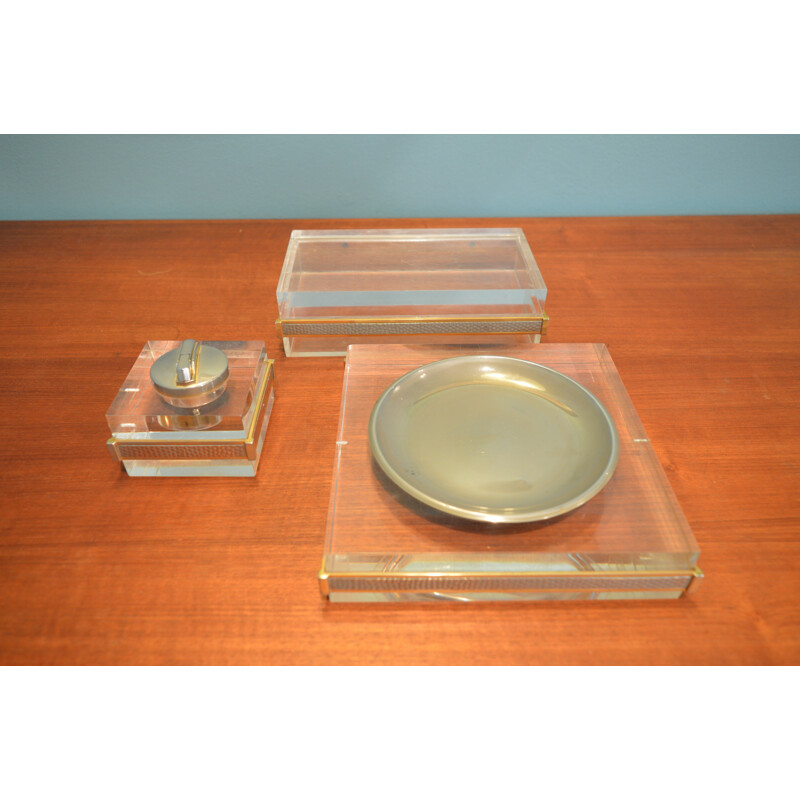 Set of ashtray and lighter in brass and plexiglass - 1970
