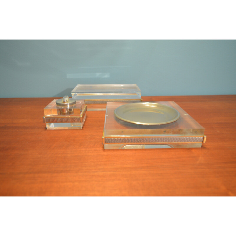 Set of ashtray and lighter in brass and plexiglass - 1970