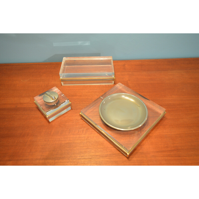 Set of ashtray and lighter in brass and plexiglass - 1970