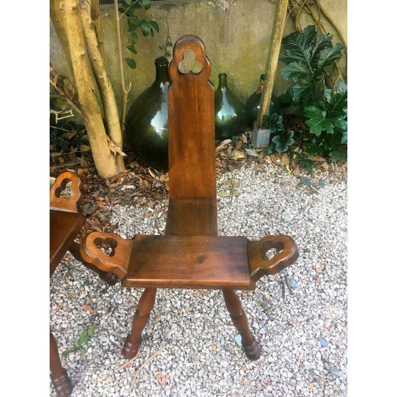 Pair of vintage tripod chairs in solid wood, 1970