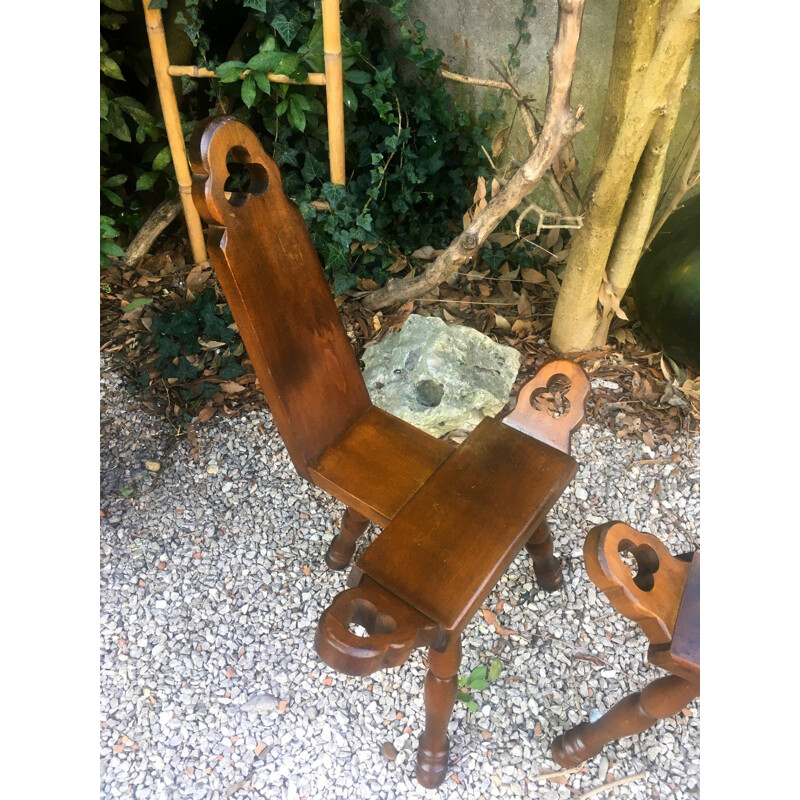 Pair of vintage tripod chairs in solid wood, 1970