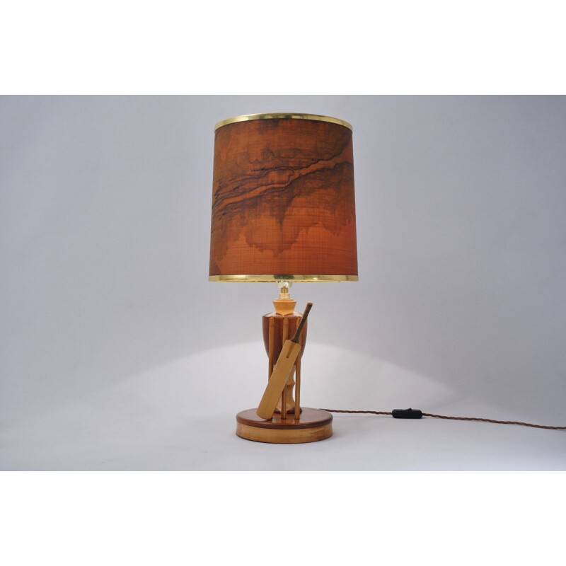 Lampe de table anglaise vintage en marqueterie de bois, 1950