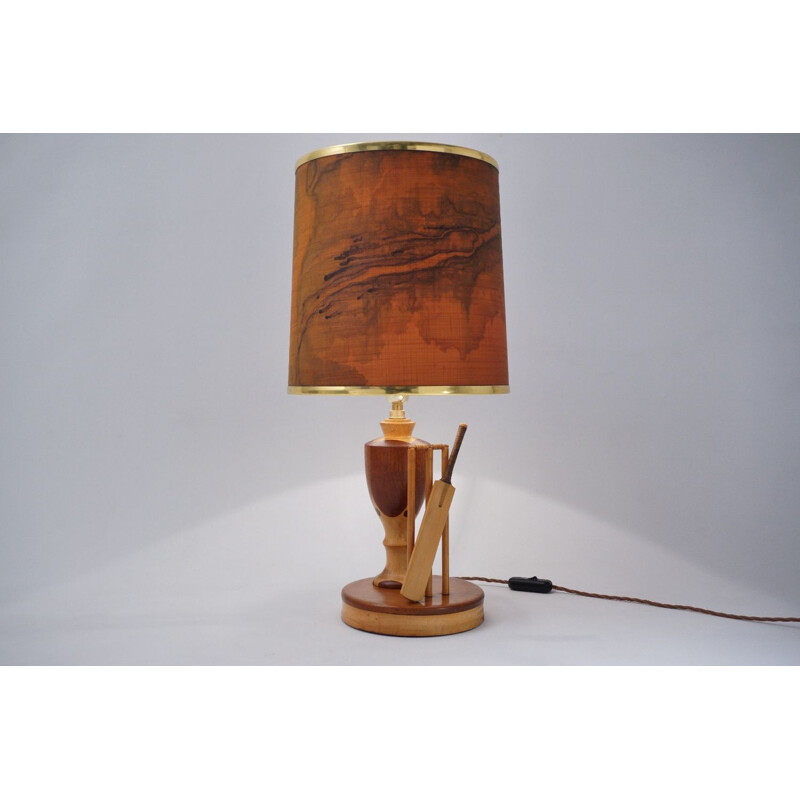 Lampe de table anglaise vintage en marqueterie de bois, 1950