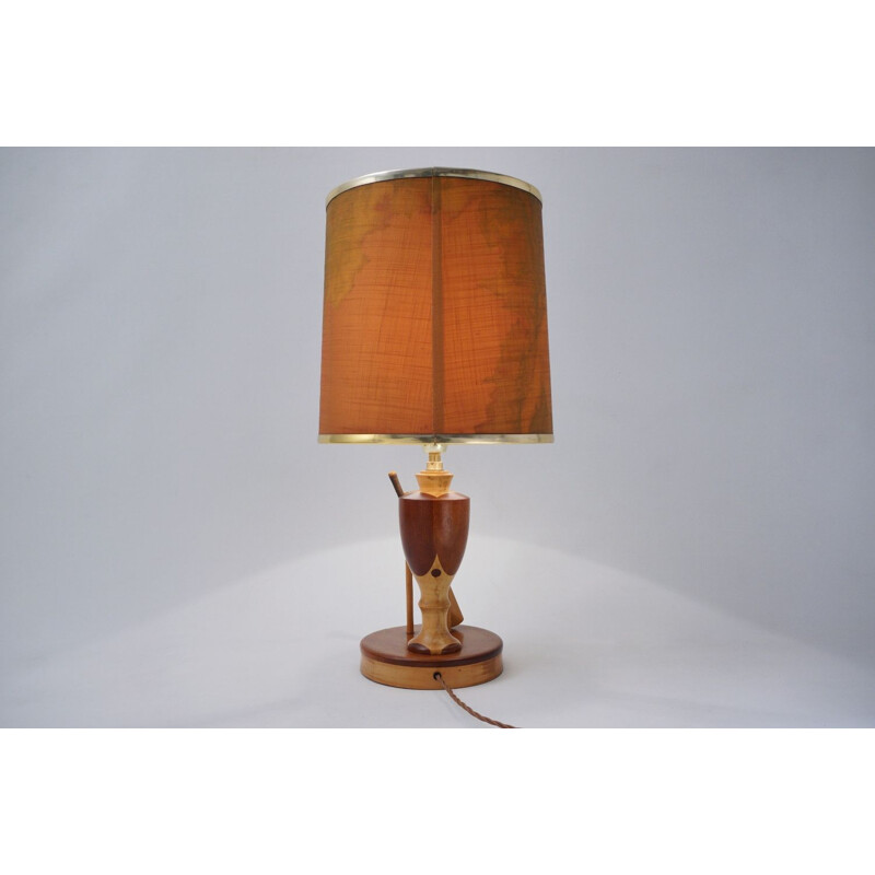 Vintage English marquetry wood inlaid table lamp, 1950s