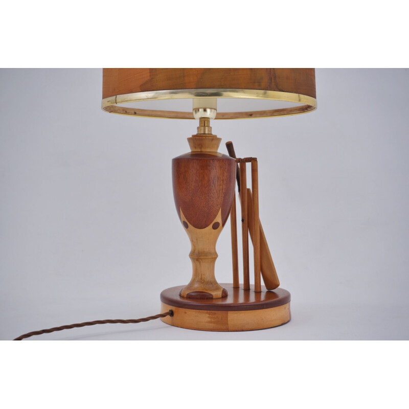 Vintage English marquetry wood inlaid table lamp, 1950s