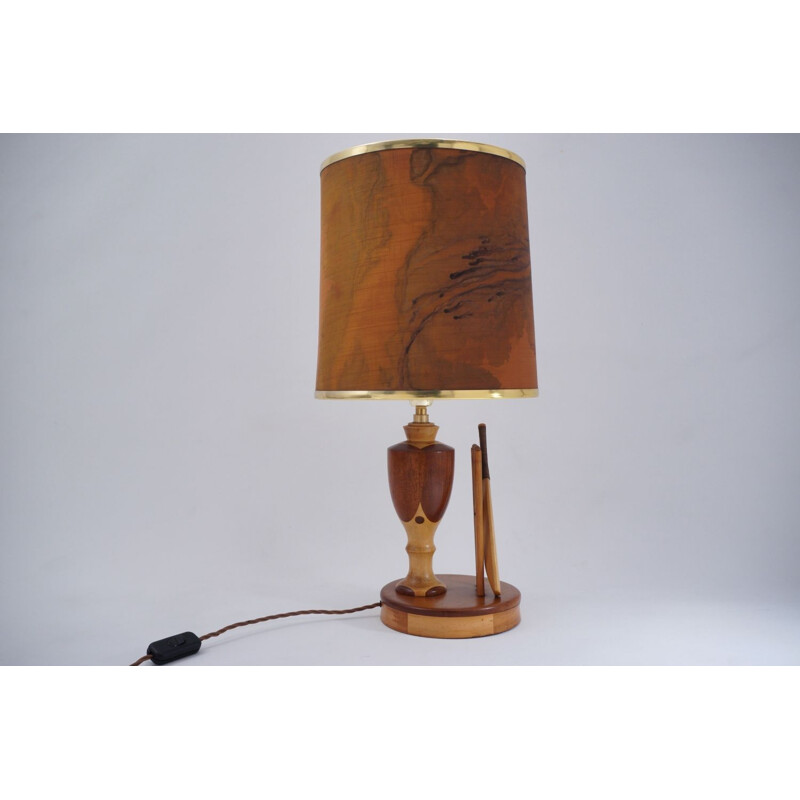 Lampe de table anglaise vintage en marqueterie de bois, 1950
