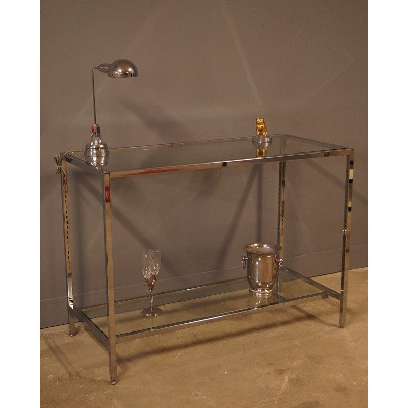 Large console table in steel and glass - 1970s