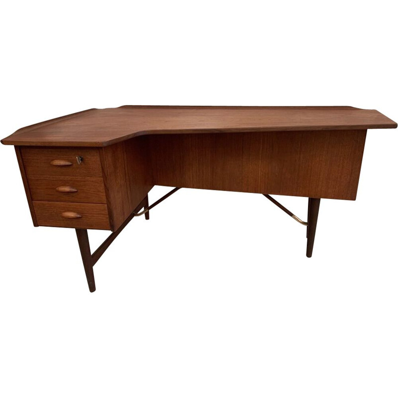 Vintage teak boomerang desk with brass feet by Peter Lovig Nielsen for Hedensted Mobelfabrik, Denmark 1968