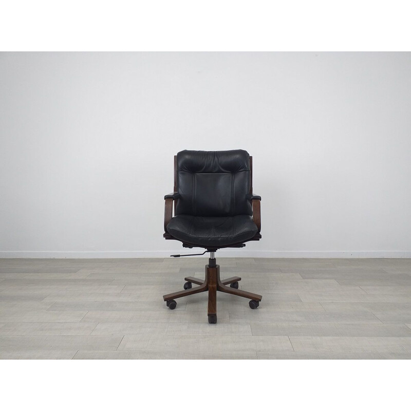 Scandinavian vintage leather and wood office chair, 1970