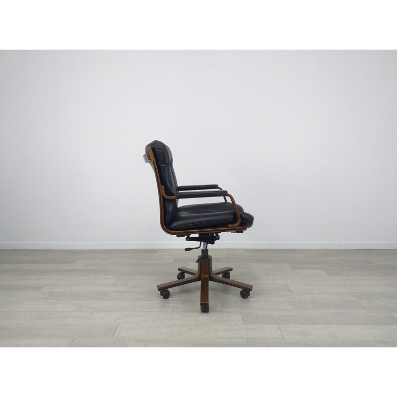 Scandinavian vintage leather and wood office chair, 1970