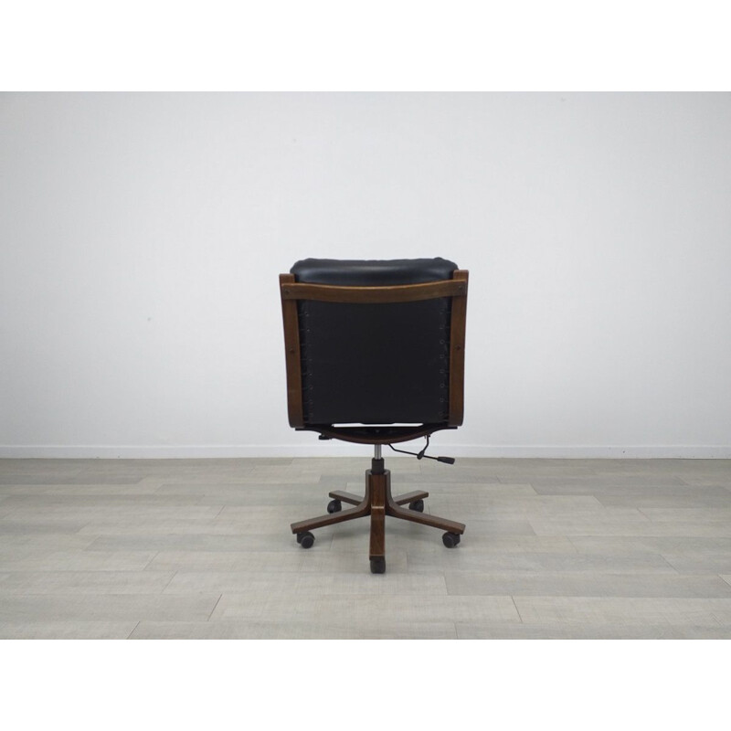 Scandinavian vintage leather and wood office chair, 1970