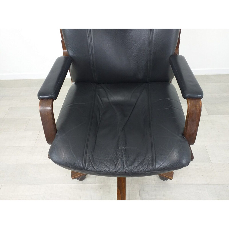 Scandinavian vintage leather and wood office chair, 1970
