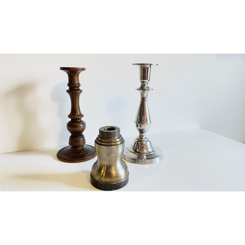 Set of 3 vintage wood and metal candle holders