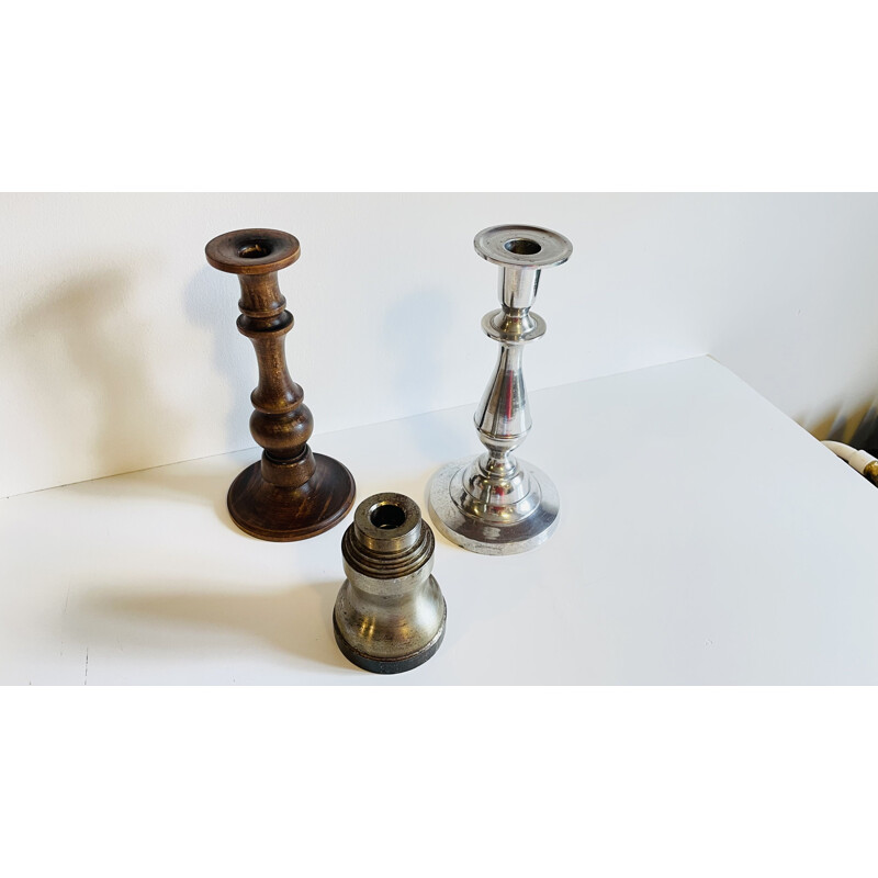 Set of 3 vintage wood and metal candle holders