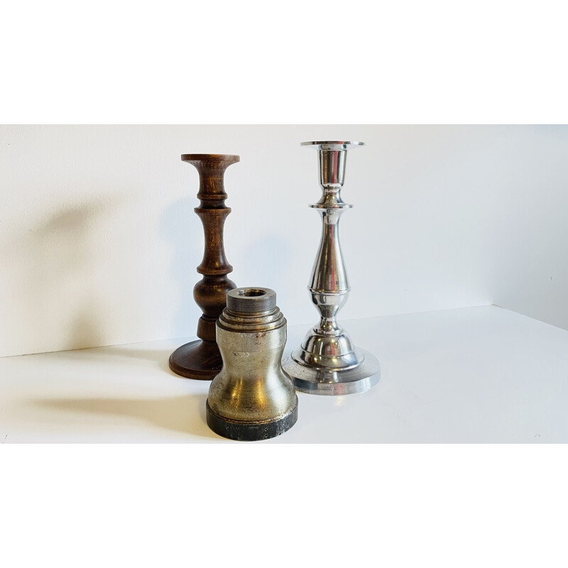 Set of 3 vintage wood and metal candle holders