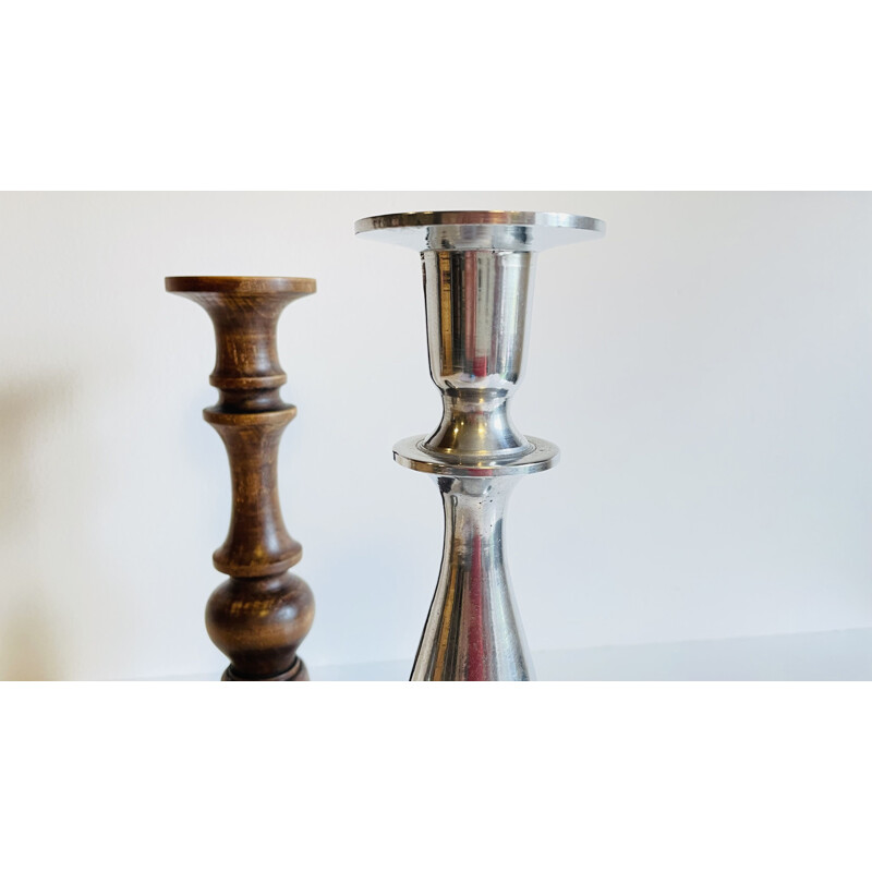 Set of 3 vintage wood and metal candle holders