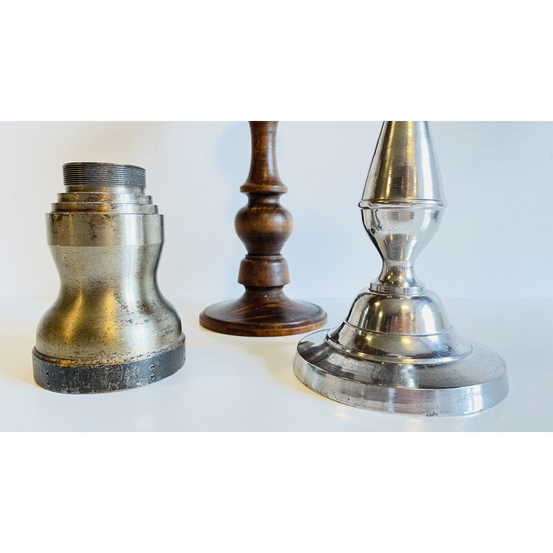 Set of 3 vintage wood and metal candle holders