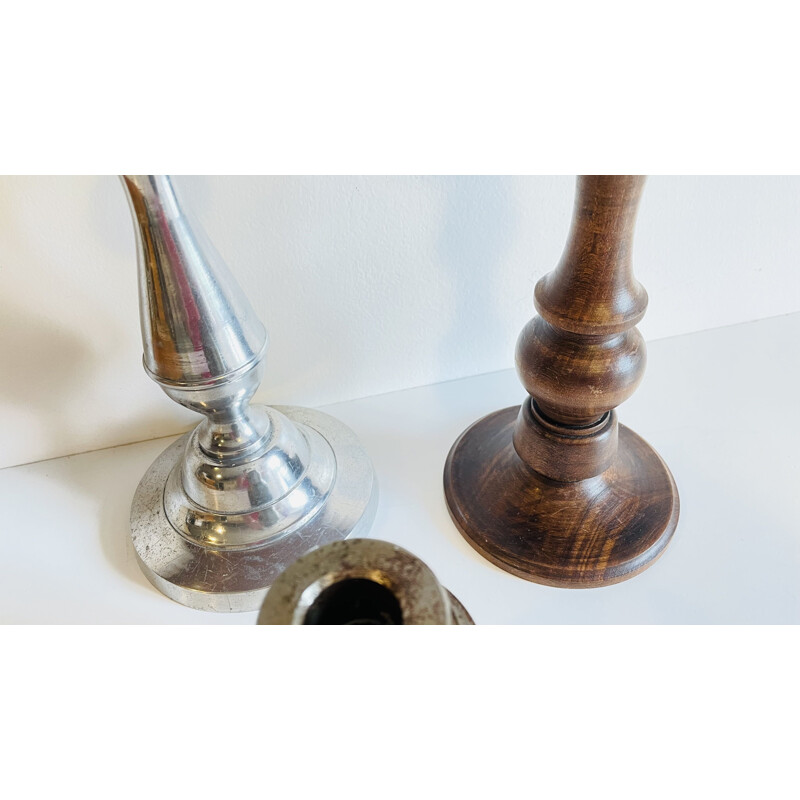 Set of 3 vintage wood and metal candle holders