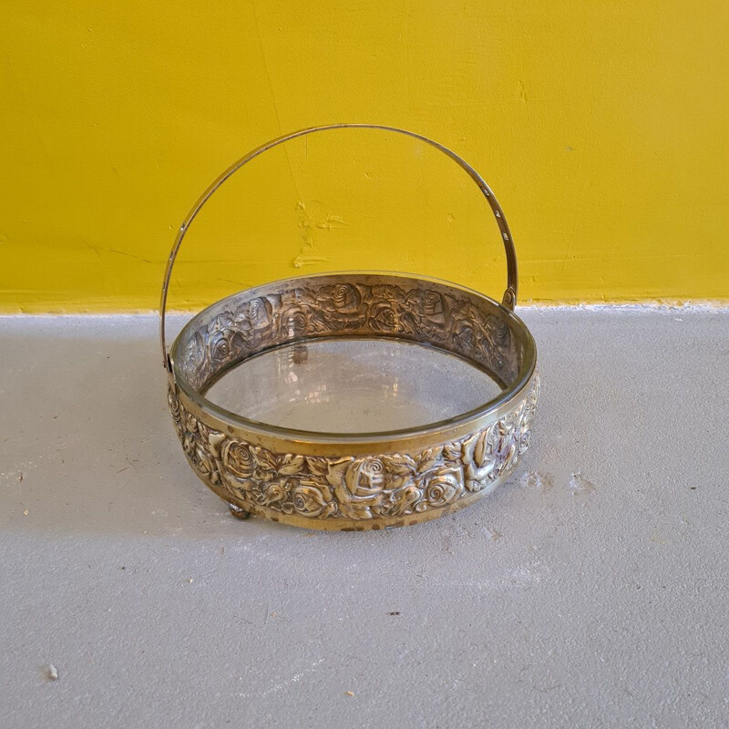 Vintage art deco glass and brass serving dish, 1920