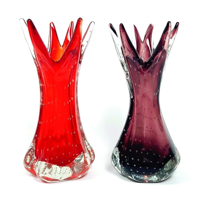 Paire de vases vintage en verre bullicante de Murano par Archimede Seguso, Italie 1970
