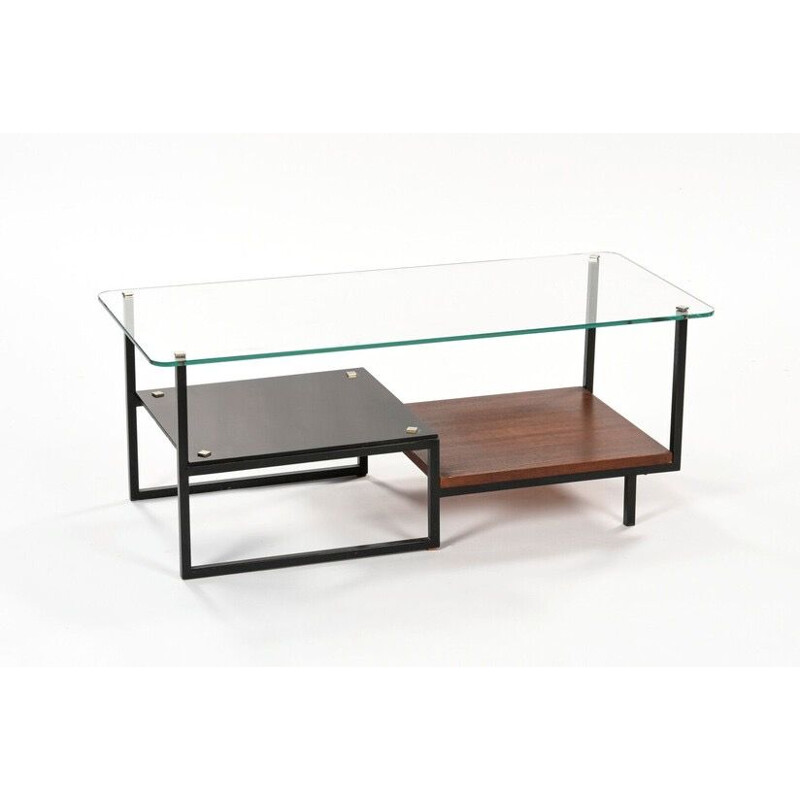 Vintage modernist glass and wood coffee table, 1950-1960