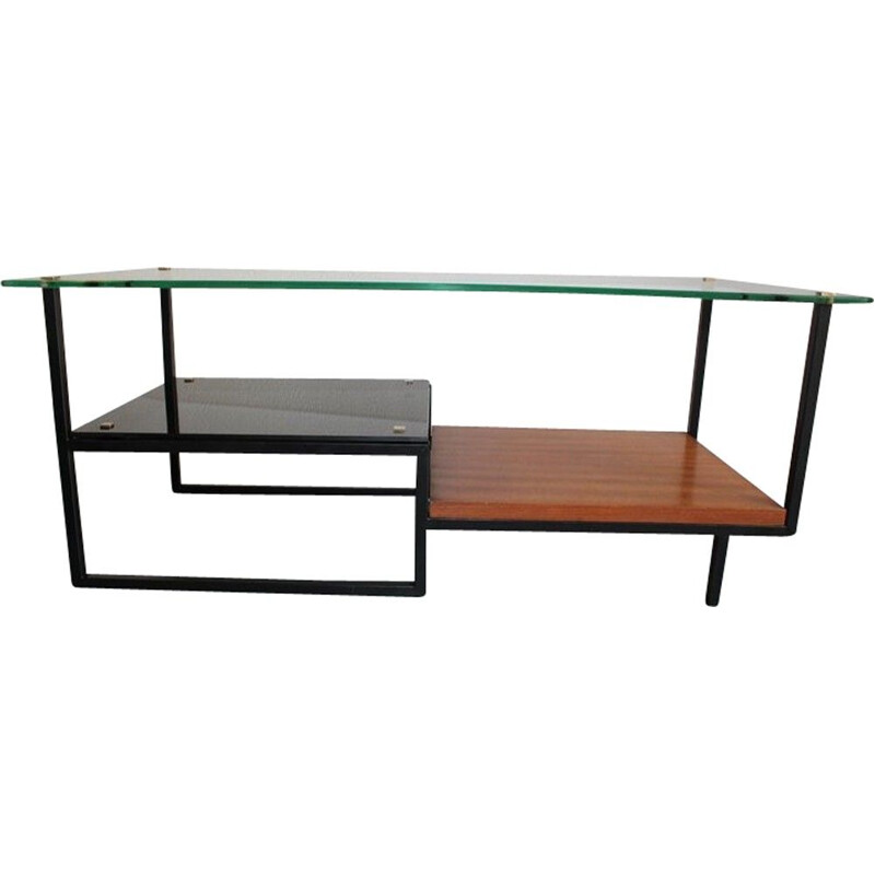 Vintage modernist glass and wood coffee table, 1950-1960