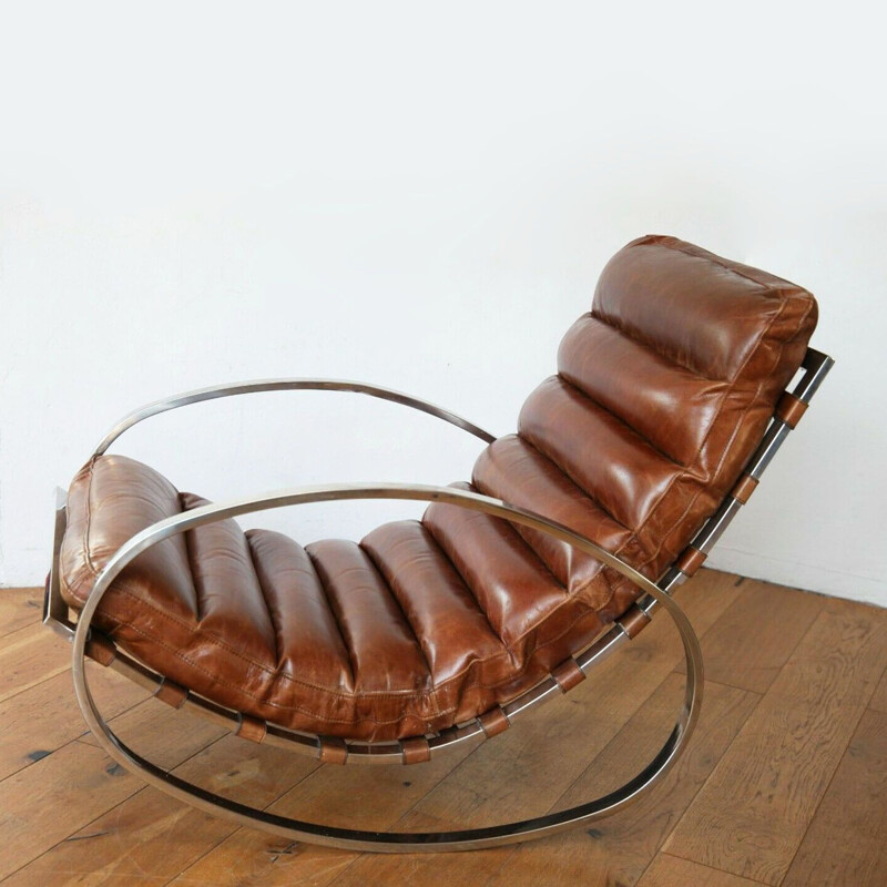 Chaise à bascule moderniste vintage en cuir brun, Allemagne 1960