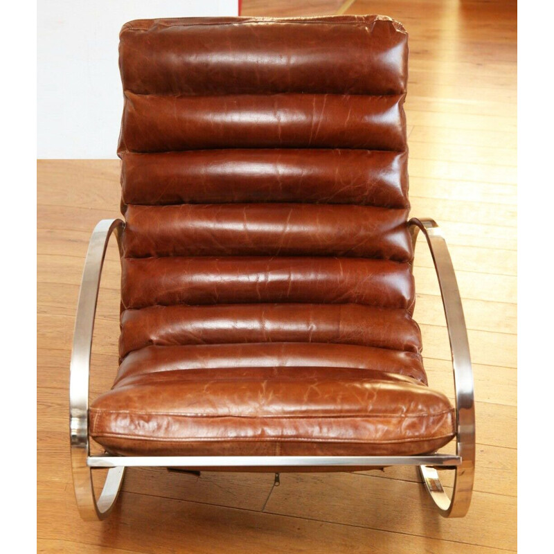 Chaise à bascule moderniste vintage en cuir brun, Allemagne 1960